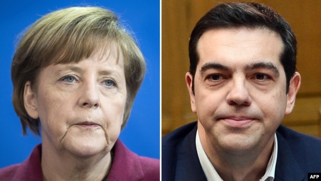 FILE - German Chancellor Angela Merkel (L) attends a press conference in Berlin, March 27, 2014 and Greek Prime Minister Alexis Tsipras (R) attends his first cabinet meeting as prime minister, Jan. 28, 2015 in Athens.