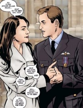 Photo of an illustration for the comic book " Kate and William: A Very Public Love Affair" . 2011 photo.