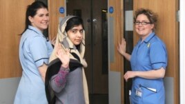 Malala Yousafzai upon initial discharge from Queen Elizabeth Hospital, Birmingham, England, Jan. 4, 2013.