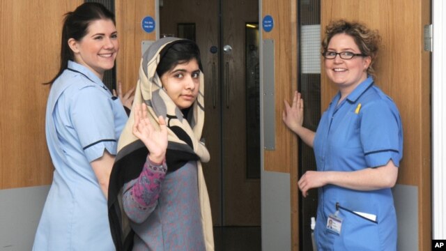 Malala Yousafzai upon initial discharge from Queen Elizabeth Hospital, Birmingham, England, Jan. 4, 2013.
