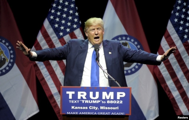 U.S. Republican presidential candidate Donald Trump speaks during a campaign rally at the downtown Midland Theater in Kansas City, Mo., March 12, 2016.