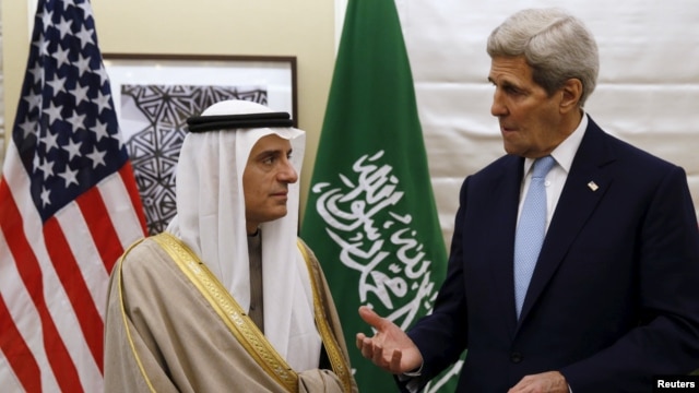 U.S. Secretary of State John Kerry speaks during his meeting with Saudi Arabia's Foreign Minister Adel al-Jubeir in London, Jan. 14, 2016.