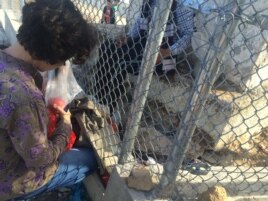 A local woman passes fruit and sweets to a young man trapped inside the refugee camp in Lesbos, Greece, April 1, 2016. (H. Murdock/VOA)