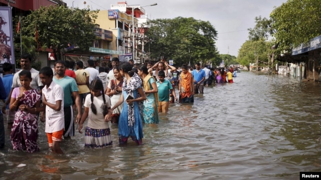 Dân cư lội qua một con phố bị ngập lụt khi sơ tán nhà cửa ở Chennai, tại bang miền nam Tamil Nadu, Ấn Độ, ngày 03/12/2015.