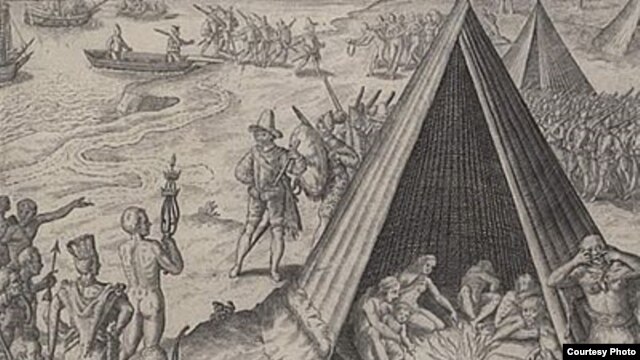 This engraving, published in 1590, depicts Sir Francis Drake’s interaction with American Indians on the U.S. West Coast 11 years earlier. (Library of Congress)