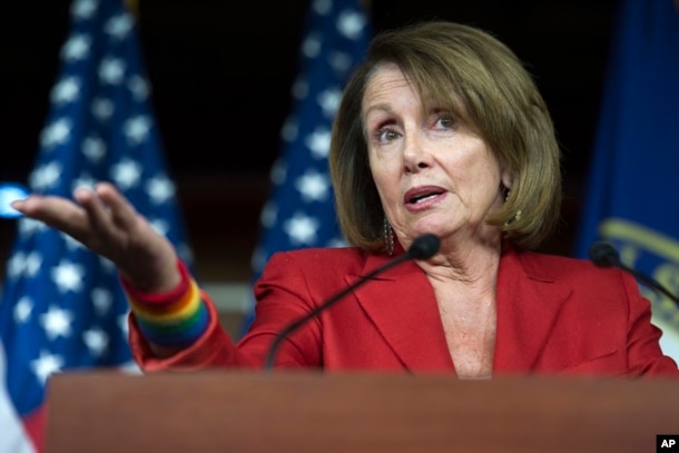 FILE - Nancy Pelosi of Calif. speaks with reporters on Capitol Hill in Washington.