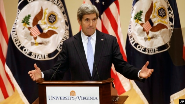 Secretary of State John Kerry delivers his first foreign policy speech, Feb. 20, 2013, at the University of Virginia in Charlottesville, Va.