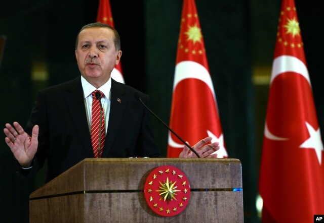 Turkish President Recep Tayyip Erdogan speaks during a meeting at the presidential palace in Ankara, Turkey, Nov. 24, 2015.