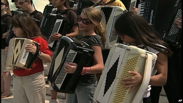 Students take a break from a week-long accordion competition to perform on the steps of the U.S. Capitol in August 2007.