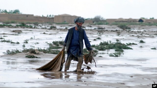 Một người đàn ông đi qua vùng đất lầy lội sau cơn lũ tại tỉnh Jawzjan, miền bắc Afghanistan, 25/4/2014