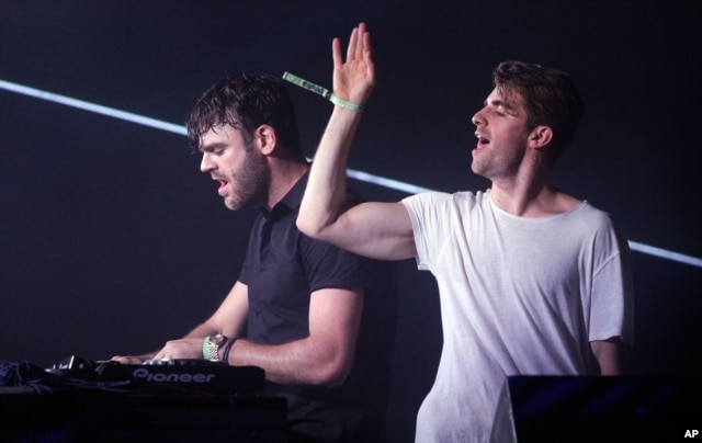 FILE - Andrew Taggart, right, and Alex Pall with the The Chainsmokers performs at the Bonnaroo Music and Arts Festival.