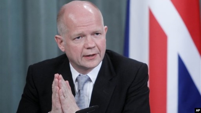 British Foreign Minister William Hague speaks during a press conference in Moscow, Russia, May 28, 2012.
