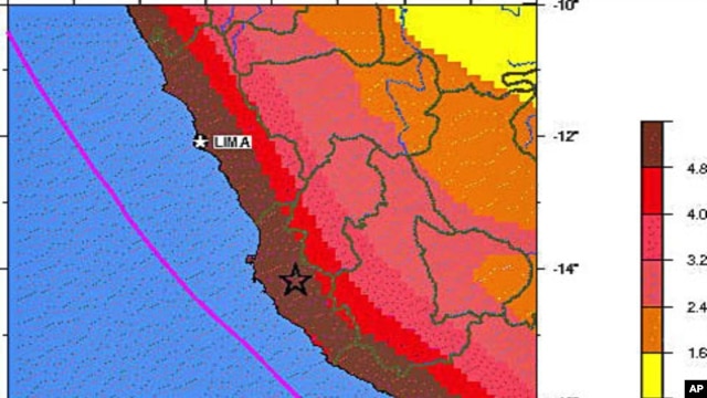 A USGS map highlighting seismic hazards in Peru