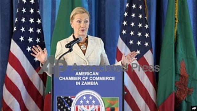 US Secretary of State Hillary Clinton addresses the American Chamber of Commerce in Lusaka, Zambia, June 11, 2011
