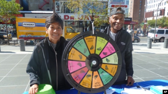 These vendors promote jogging and healthy eating during Wellness Week in New York's Harlem neighborhood.