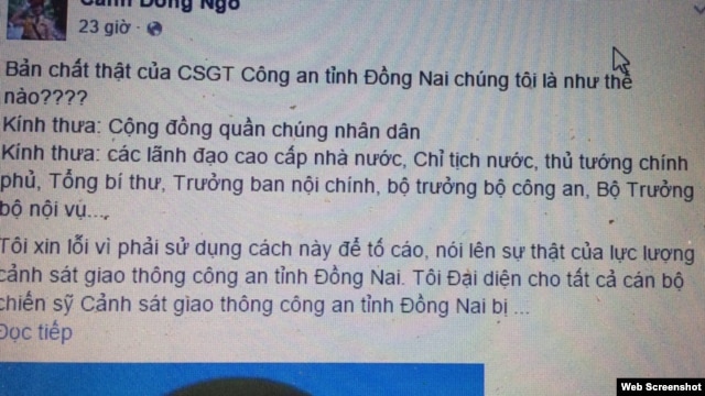 Một số chi tiết trong bài viết của một Facebooker lấy tên 'Cánh Đồng Ngô' và tự nhận là đại diện cho tất cả cán bộ chiến sỹ cảnh sát giao thông tỉnh Đồng Nai 'bị chuyển đổi công tác, bị tước bỏ chức vụ…không có lý do'.