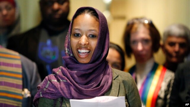 FILE - Wheaton College associate professor Larycia Hawkins is seen talking to reporters during a news conference Dec. 16, 2015, in Chicago.