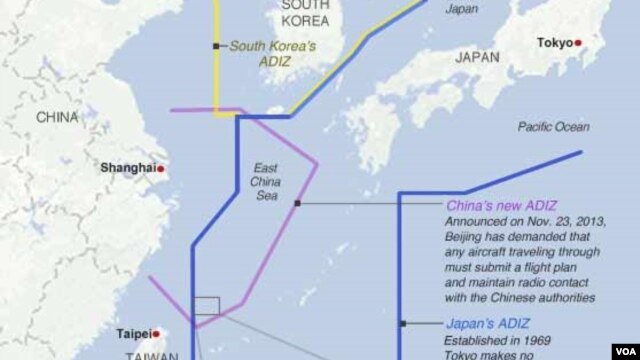 Vùng nhận dạng phòng không trùng lắp giữa các nước Nhật Bản, Nam Triều Tiên, Trung Quốc