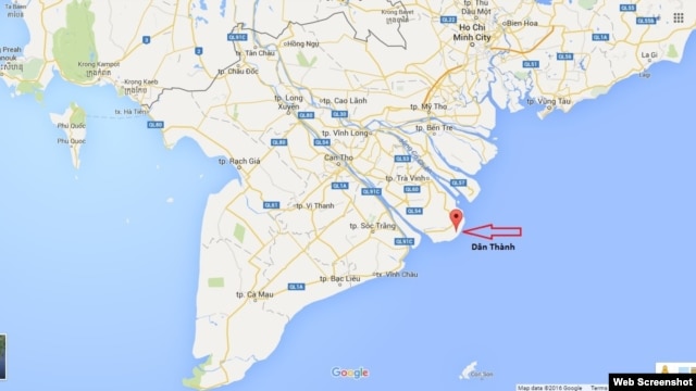Vị trí xã Dân Thành, nơi đặt Trung tâm Nhiệt điện Duyên Hải, trên bản đồ. Ảnh chụp màn hình.