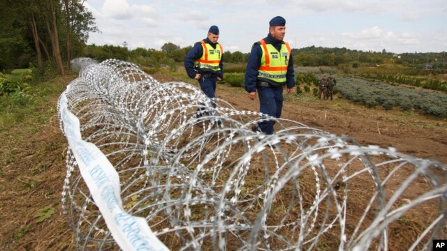 FILE - Hungarian police officers patrol an area at the temporary border fence positioned at the green border between Hungary and Croatia at Zakany, 234 km (145 miles) southwest of Budapest, Hungary, Sept. 30, 2015.