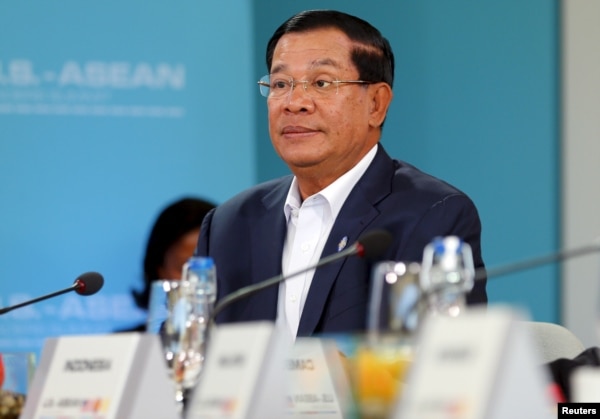 FILE - Hun Sen, Prime Minister of Cambodia listens to U.S. President Barack Obama speak during a 10-nation Association of Southeast Asian Nations (ASEAN) summit in Rancho Mirage, California, Feb. 15, 2016.