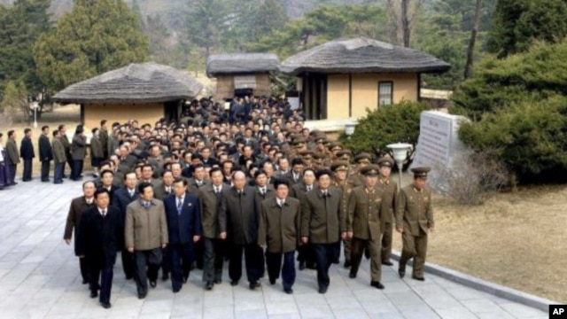 The delegates to the fourth Conference of the Workers' Party of Korea visit Mangyongdae, the birthplace of North Korea's founder Kim Il-Sung, in Pyongyang April 10, 2012 in this picture released by the North's KCNA, April 11, 2012.