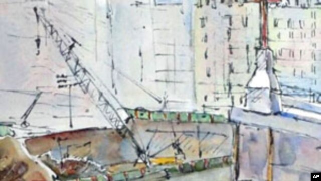 A watercolor by Aggie Kenny of workers at ground zero