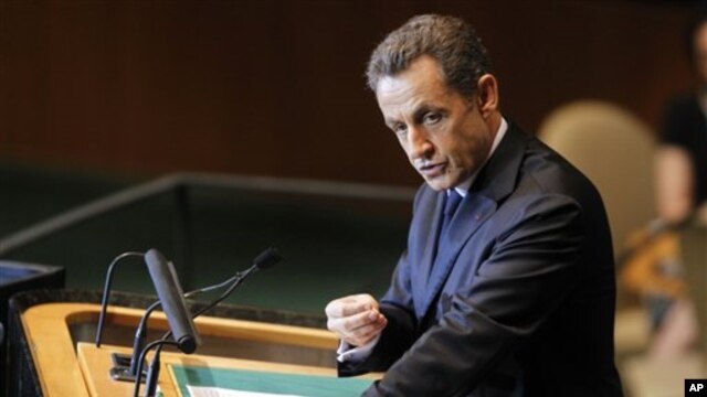 French President Nicolas Sarkozy, addresses the 66th session of the United Nations General Assembly at U.N. headquarters Sept. 21, 2011.