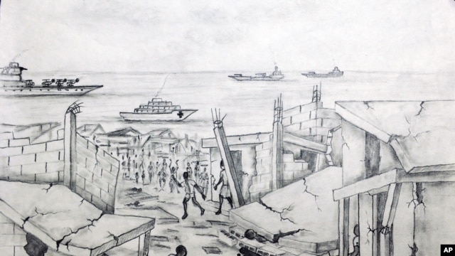 A black-and-white pencil drawing by Haitian earthquake victim Hugues Larose aboard the US Navy hospital ship Comfort