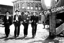Kirk Douglas (Doc Holliday), Burt Lancaster (Wyatt Earp), John Hudson (Virgil Earp) and DeForest Kelley (Morgan Earp) in 1957 film 'Gunfight at the O.K. Corral"
