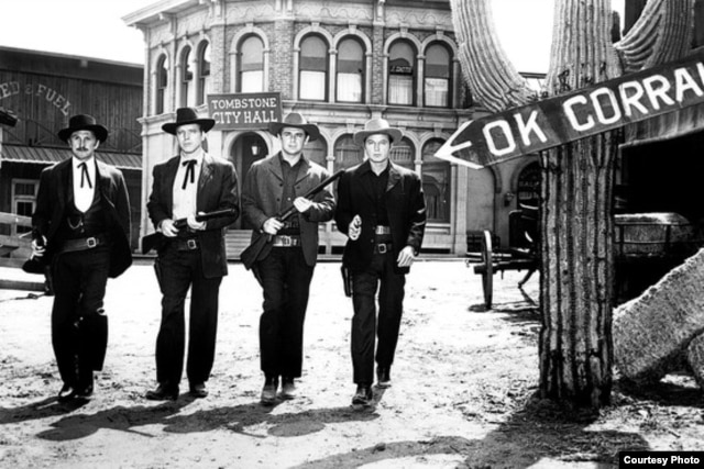 Kirk Douglas (Doc Holliday), Burt Lancaster (Wyatt Earp), John Hudson (Virgil Earp) and DeForest Kelley (Morgan Earp) in 1957 film 'Gunfight at the O.K. Corral"