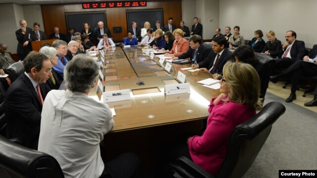 U.S. Secretary of State Hillary Clinton chairs her weekly meeting of the Assistant Secretaries of State at the State Department in Washington, January 7, 2013. (Department of State)