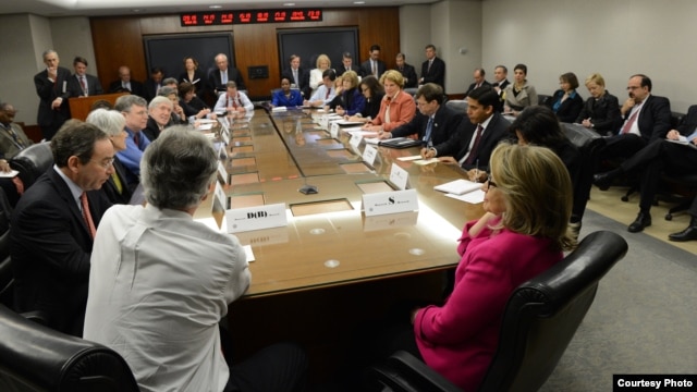 U.S. Secretary of State Hillary Clinton chairs her weekly meeting of the Assistant Secretaries of State at the State Department in Washington, January 7, 2013. (Department of State)