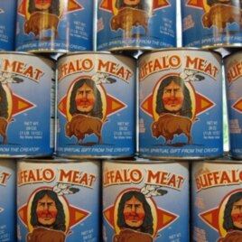 Cans of bison meat on the shelves at the Three Rivers Café and co-op in Indiana.