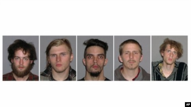This combination of handout booking photos provided May 1, 2012 by the FBI shows L-R: Connor Stevens, Brandon Baxter, Douglas Wright, Anthony Hayne and Joshua Stafford.