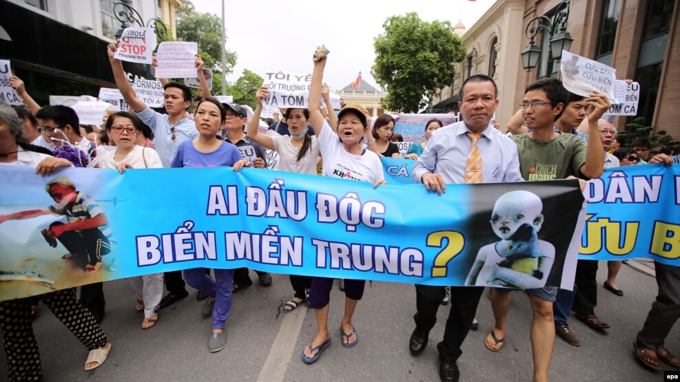 Người dân xuống đường biểu tình tại Hà Nội với biểu ngữ "Ai đầu độc biển miền Trung?", ngày 1/5/2016.