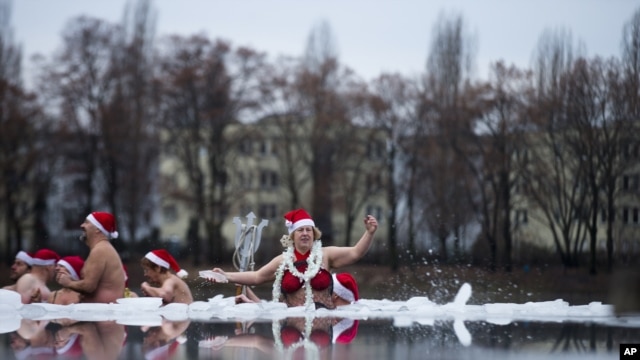 Para anggota kelompok Berlin Seals menggelar tradisi tahunan mereka merayakan Natal dengan terjun ke dalam sungai Oranke yang bekudi Berlin, Jerman, 25 Desember 2012. (AP Photo/Markus Schreiber)