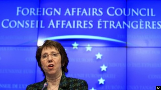 EU foreign policy chief Catherine Ashton holds a news conference at the end of a European Union foreign ministers meeting in Brussels, January 23, 2012.