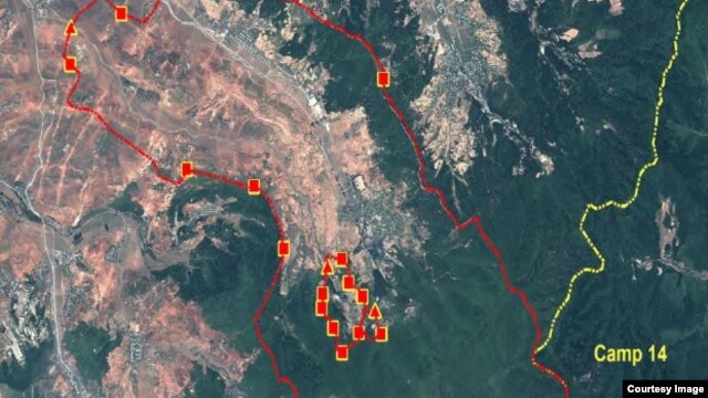 북한 처마봉 통제구역의 위성사진. 새 수용소 위치가 지도에 붉은 선으로 표시돼 있다. 북한인권위원회, ‘올소스 어낼러시스’ 제공.