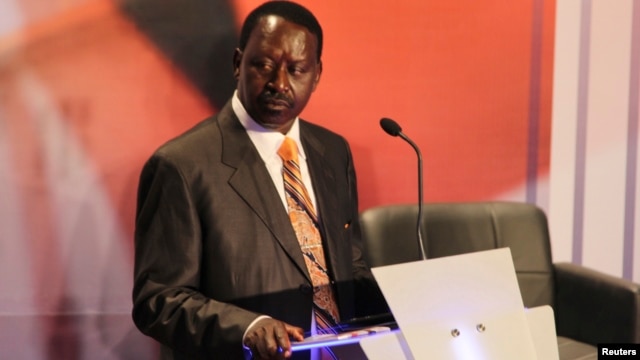 Kenyan Prime Minister and presidential candidate Raila Odinga attends the second presidential debate at Brookhouse School in Nairobi, Feb. 25, 2013.