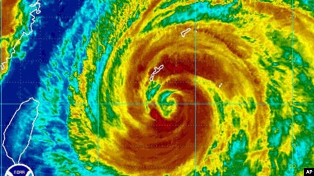 A weather satellite image obtained from the National Oceanic and Atmospheric Administration shows Typhoon Muifa near Okinawa, Japan at 1130 GMT on August 4, 2011