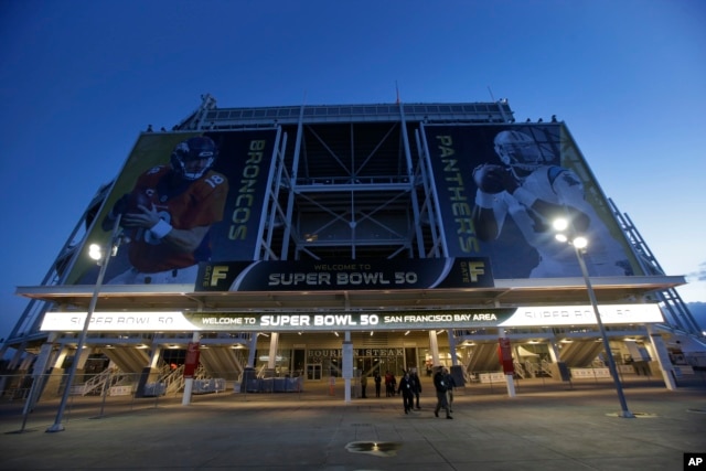 The entrance to Levi's Stadium is decorated with images of Denver Broncos quarterback Peyton Manning, left, and Carolina Panthers quarterback Cam Newton, Feb 2, 2016 in Santa Clara, Calif.