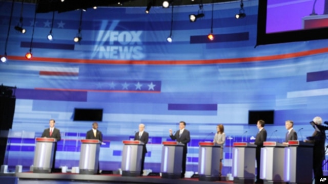 Presidential hopefuls during the Republican debate in Ames, Iowa Aug 11, 2011