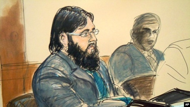In this courtroom sketch, terror trial suspect Adis Medunjanin, accused in a foiled plot to attack New York City subways, sits in federal court in Brooklyn, New York, April, 18, 2012. 