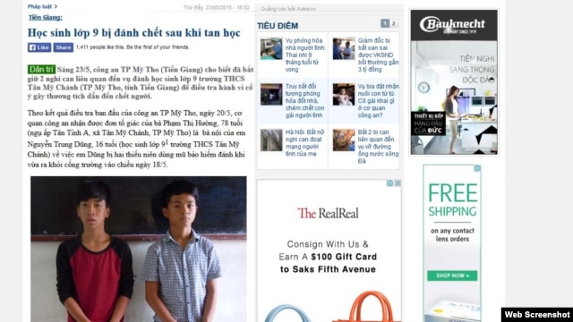 Báo chí Việt Nam đưa tin vụ một học sinh lớp 9 bị bạn đánh chết sau khi tan học.