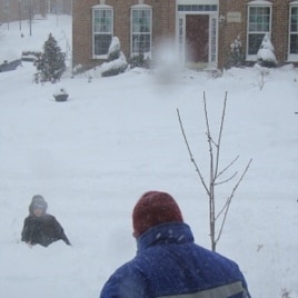 A man shovels snow while a child plays in his yard in freezing temperatures, Springfield, Virginia, 31 Jan 2010