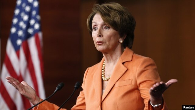 U.S. House Minority Leader Nancy Pelosi speaks to reporers. Sharp differences remained between congressional Republicans and the White House in talks to avert the "fiscal cliff,"  Dec. 14, 2012.