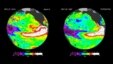 These false-color images provided by NASA satellites compare warm Pacific Ocean water temperatures from the strong El Nino that brought North America large amounts of rainfall in 1997 (R) and the current El Nino as of Dec. 27, 2015 (L). NASA's Jet Propulsion Laboratory says the strong El Nino in the Pacific Ocean shows no sign of weakening. (NASA via AP)