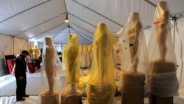 A worker stands next to the Oscar statues during a preparation work for the upcoming OSCARS, the 85th Academy Awards, at Hollywood Boulevard in Hollywood, California, February 19, 2013.
