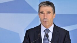 NATO chief Anders Fogh Rasmussen speaks to the press on June 26, 2012 at the NATO Headquarters in Brussels.
